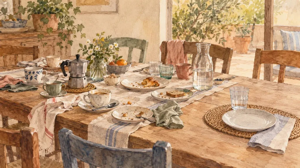 Mesa de desayuno con café, magdalena y flores, a la luz de la mañana