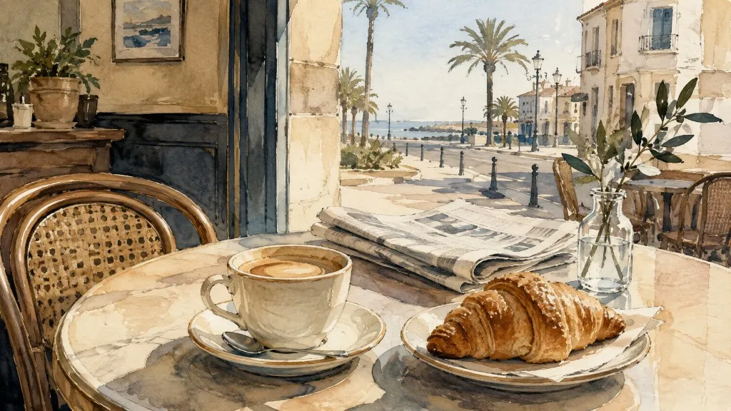 Café con leche, cruasán y prensa en una cafetería de Vinaròs, frente al paseo y el mar