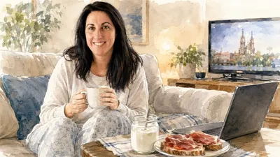 Desayuno de domingo en el sofá: kéfir, tostadas con tomate y jamón, televisión y el portátil a mano