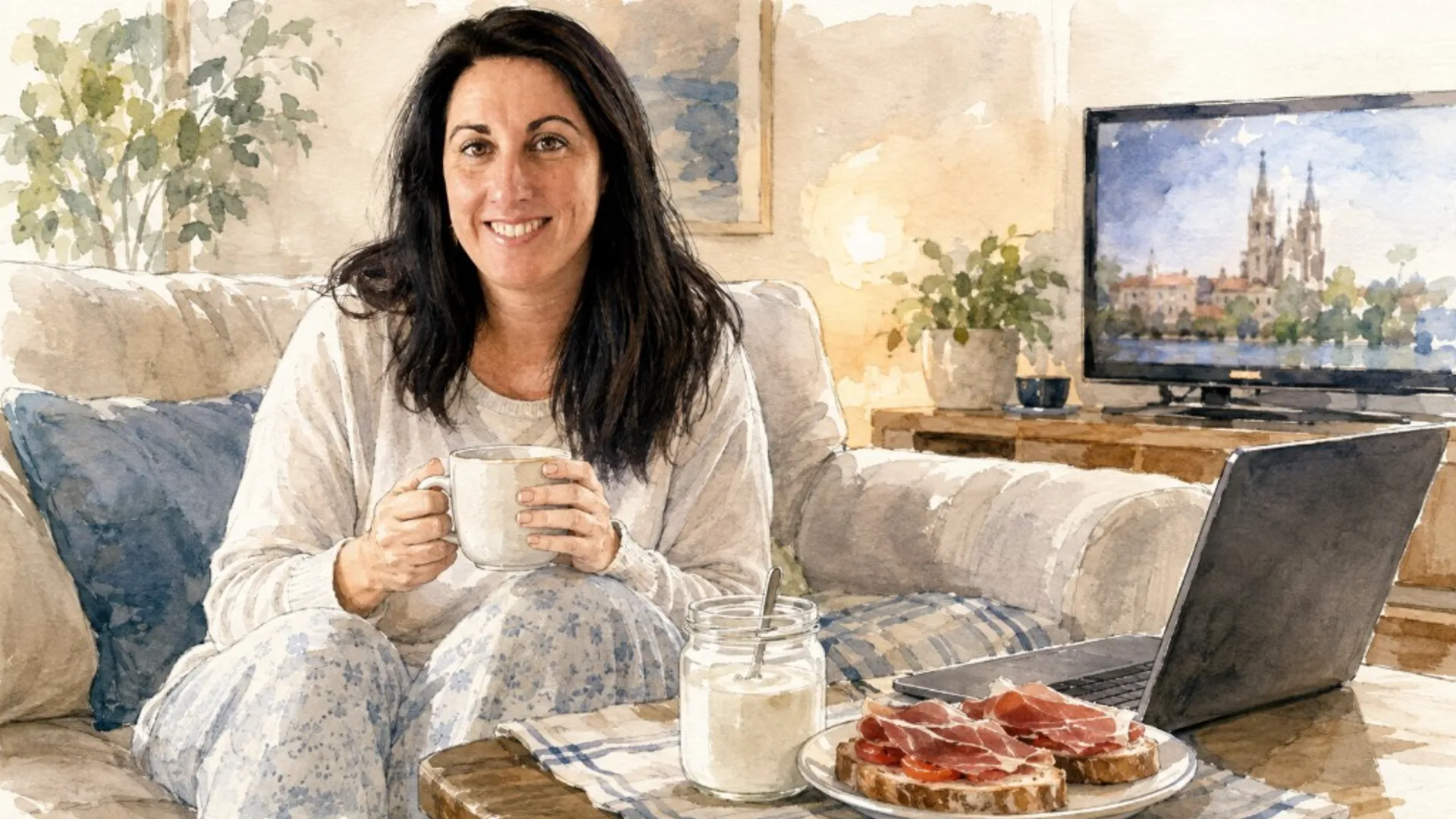 Desayuno de domingo en el sofá: kéfir, tostadas con tomate y jamón, televisión y el portátil a mano