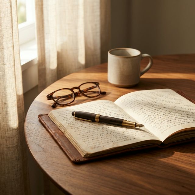 Un cuaderno abierto con una pluma sobre una mesa iluminada por el sol de mañana